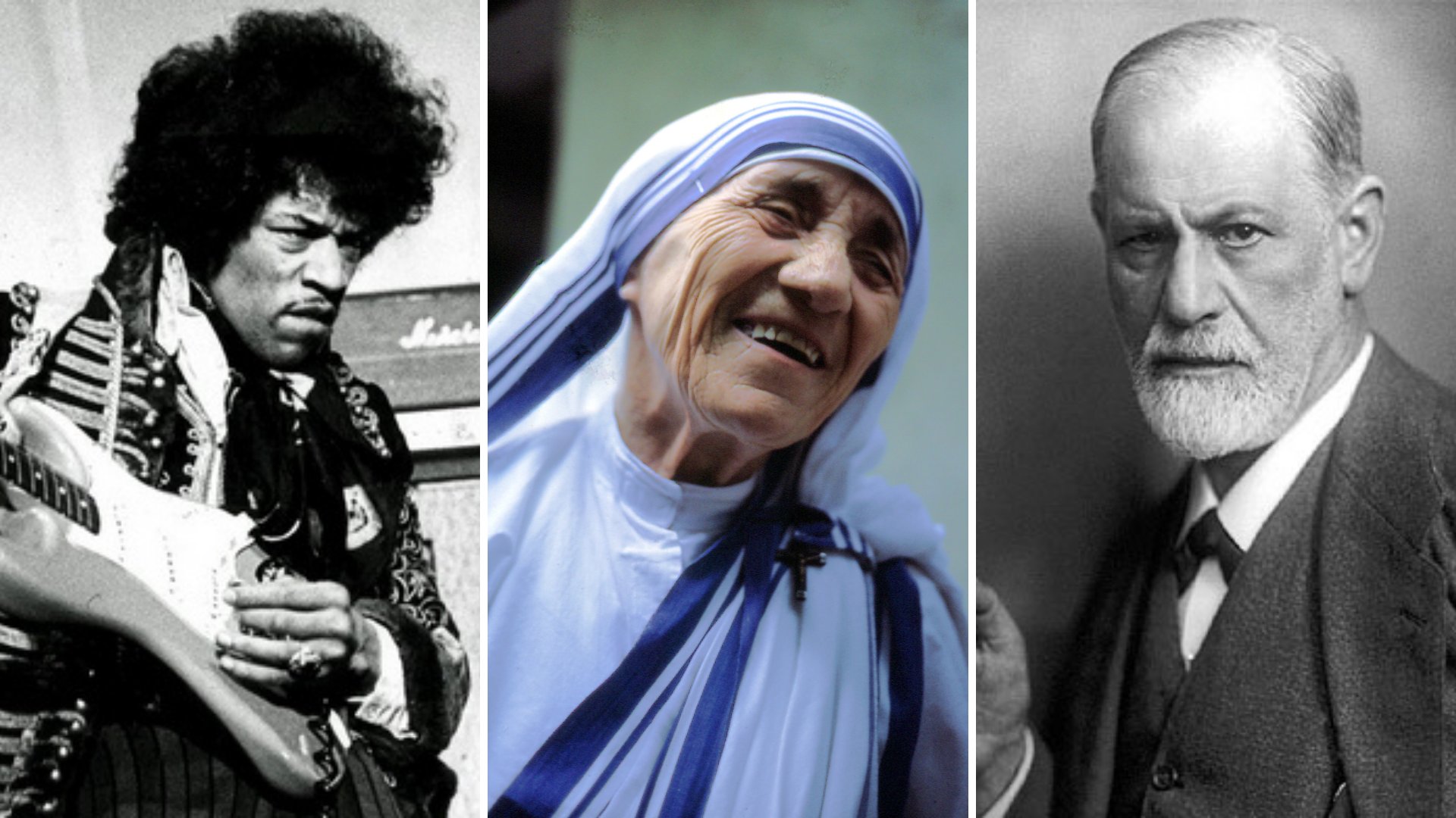 Imagem em frame do guitarrista Jimi Hendrix, da Madre Teresa de Calcutá e do psiquiatra Sigmund Freud