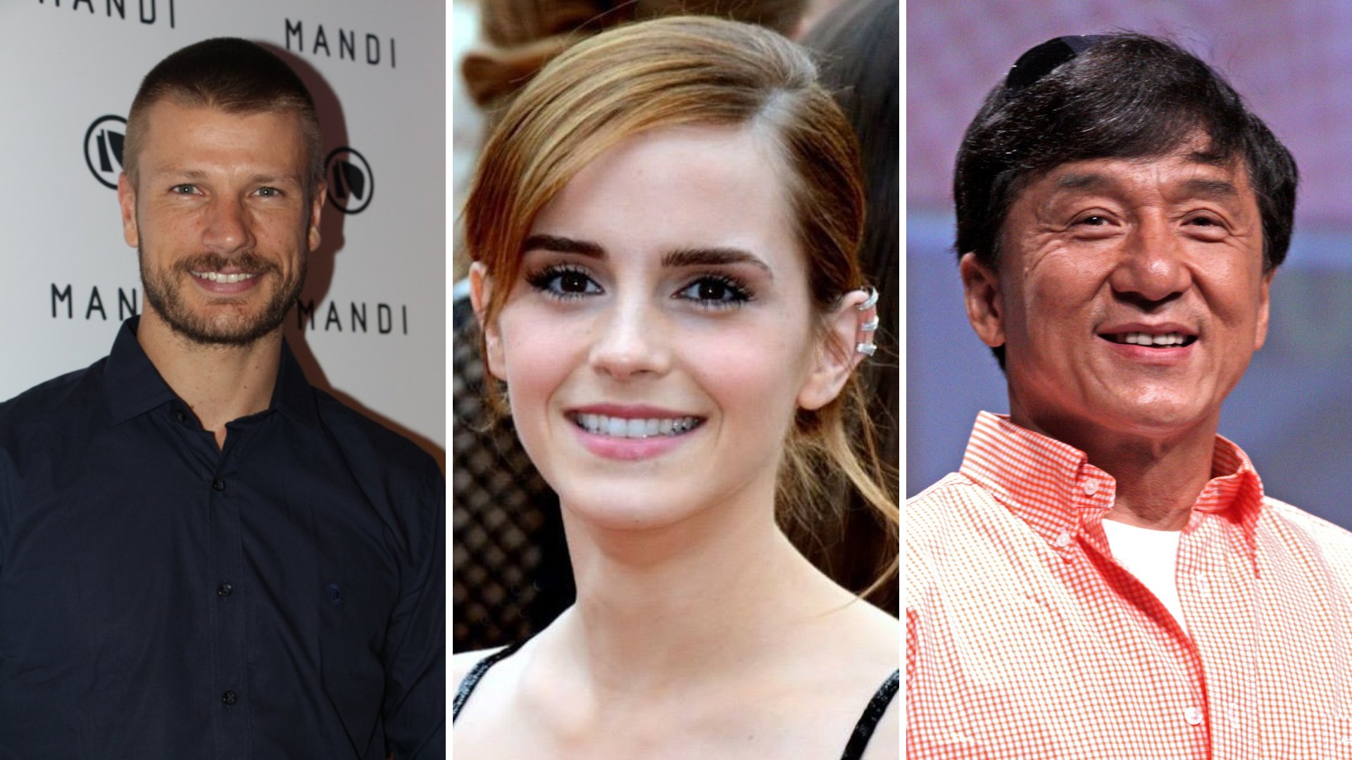 Imagem em grid do ator Rodrigo Hilbert, da atriz Emma Watson e do ator Jackie Chan