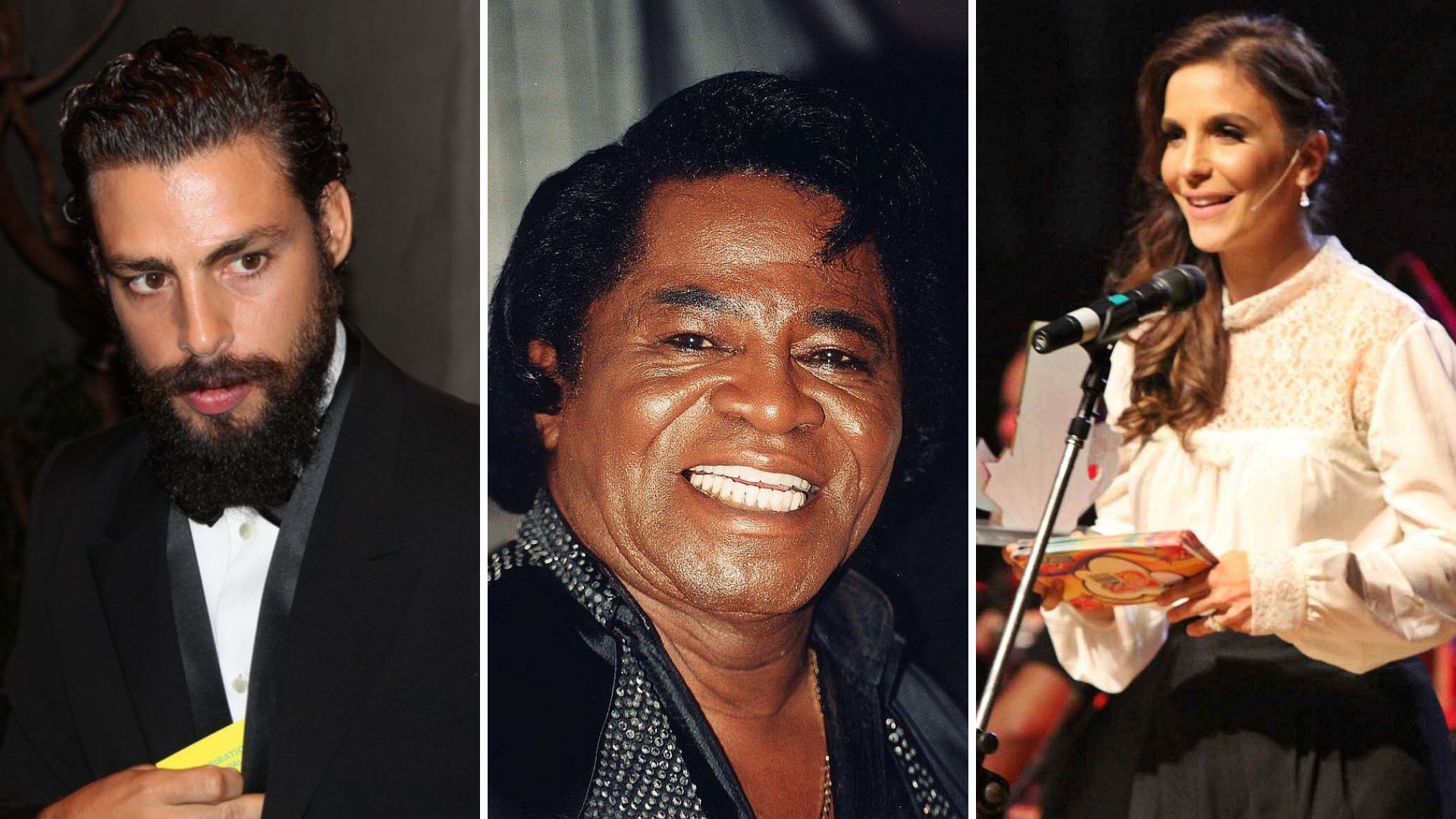 Imagem em grid do ator Cauã Reymond, do cantor James Brown e da cantora Ivete Sangalo