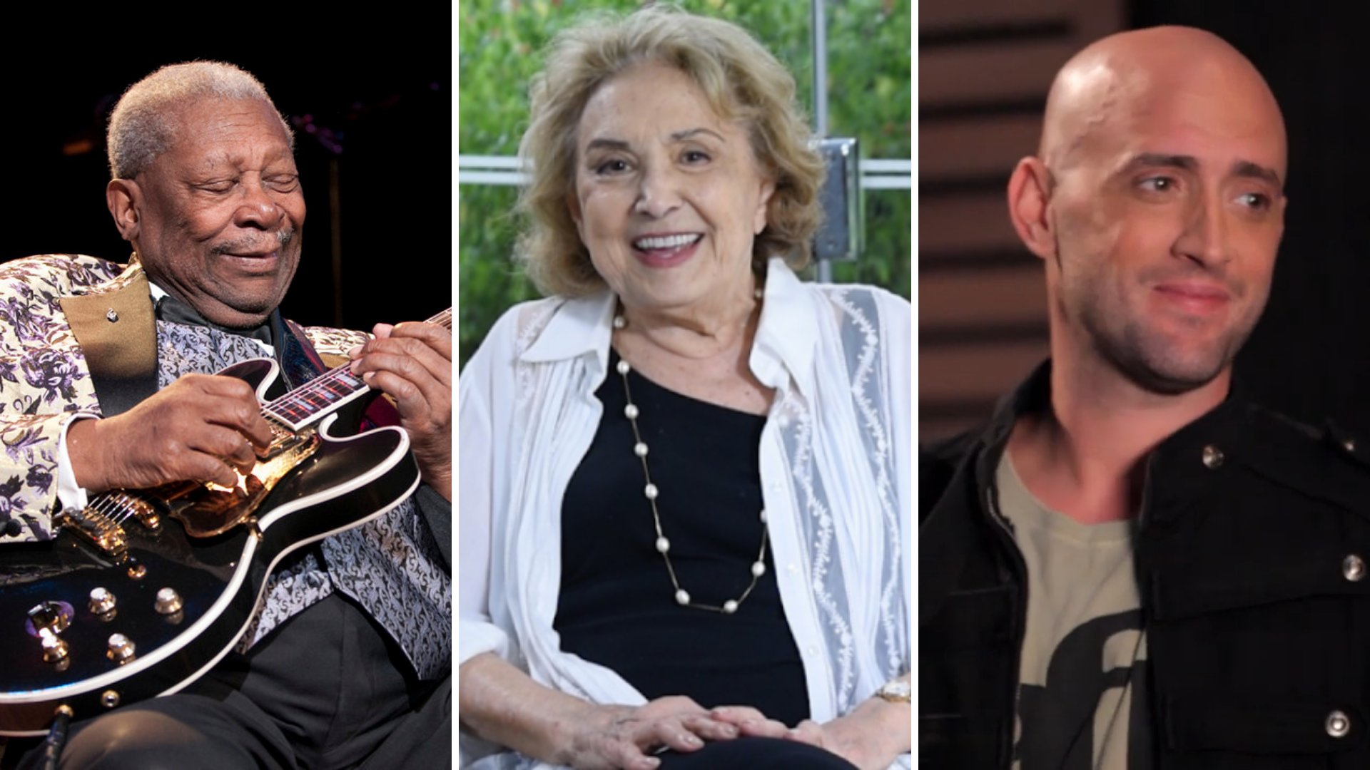 Wikimedia Commons Imagem em grid do cantor B.B. King, da atriz Eva Wilma e do ator Paulo Gustavo