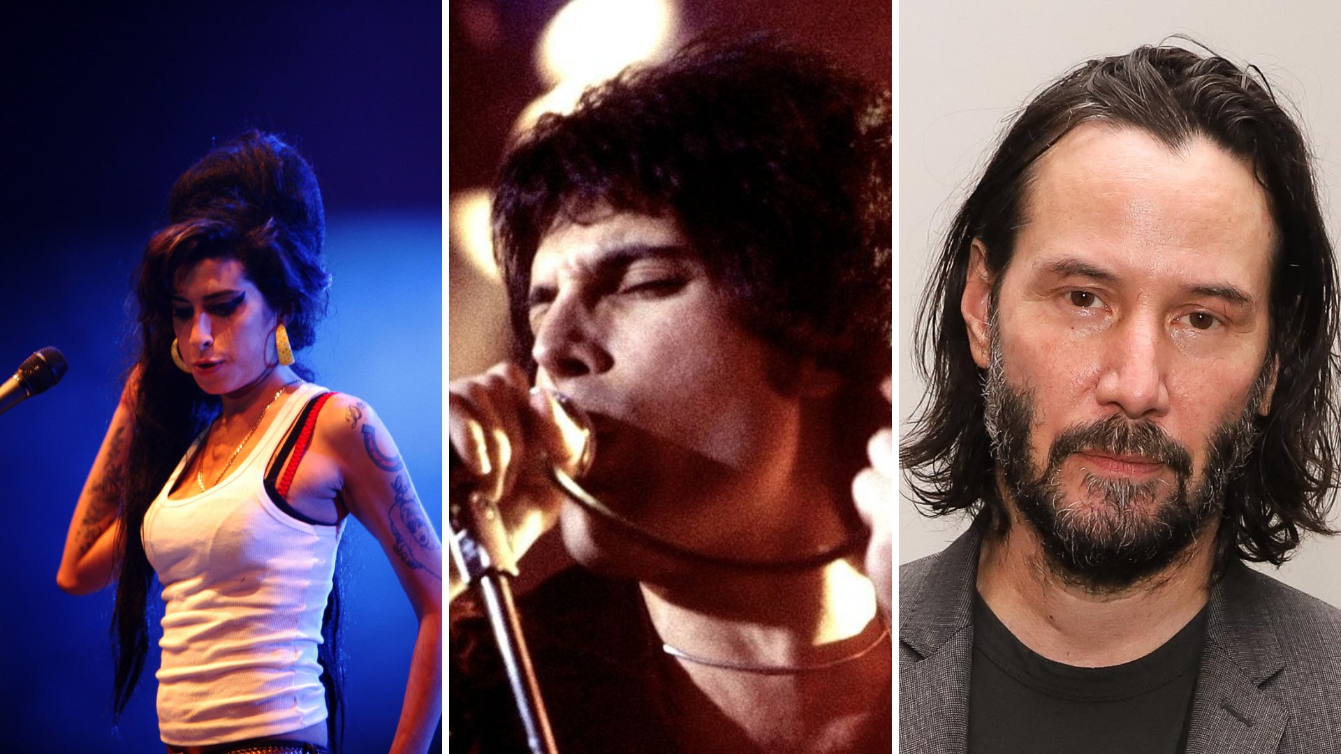 Imagem em grid da cantora Amy Winehouse, do cantor Freddie Mercury e do ator Keanu Reeves