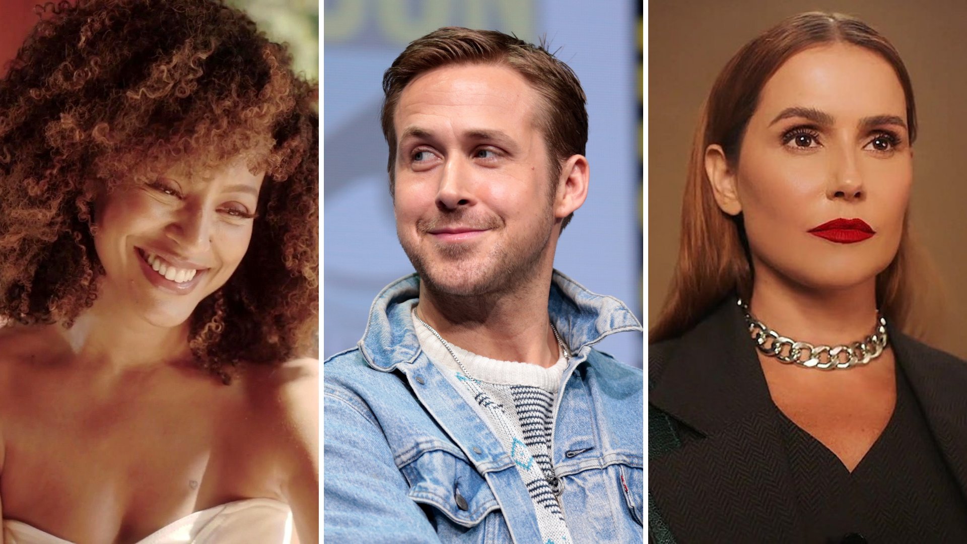 Imagem em grid da atriz Sheron Menezzes, do ator Ryan Gosling e da atriz Deborah Secco