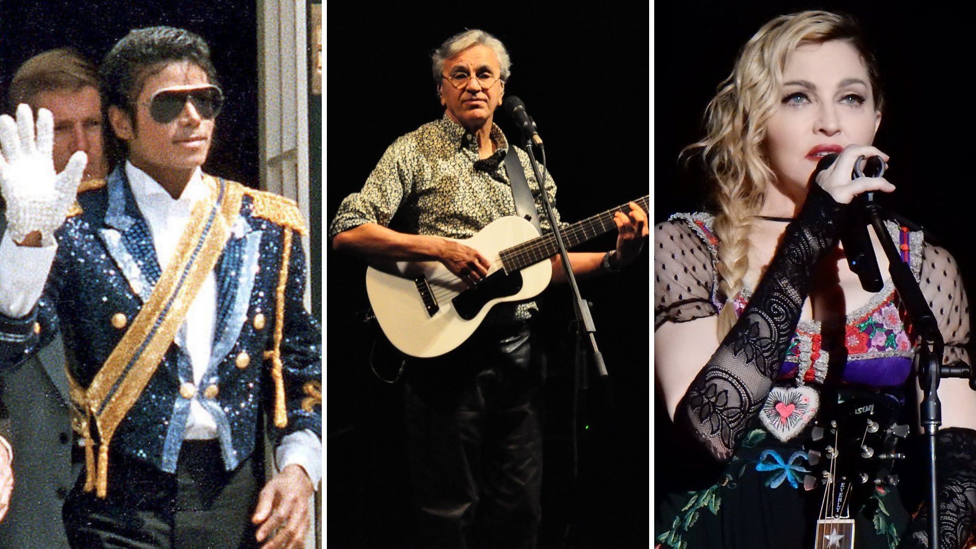 Wikimedia Commons Imagem em grid do cantor Michael Jackson, Caetano Veloso e da cantora Madonna