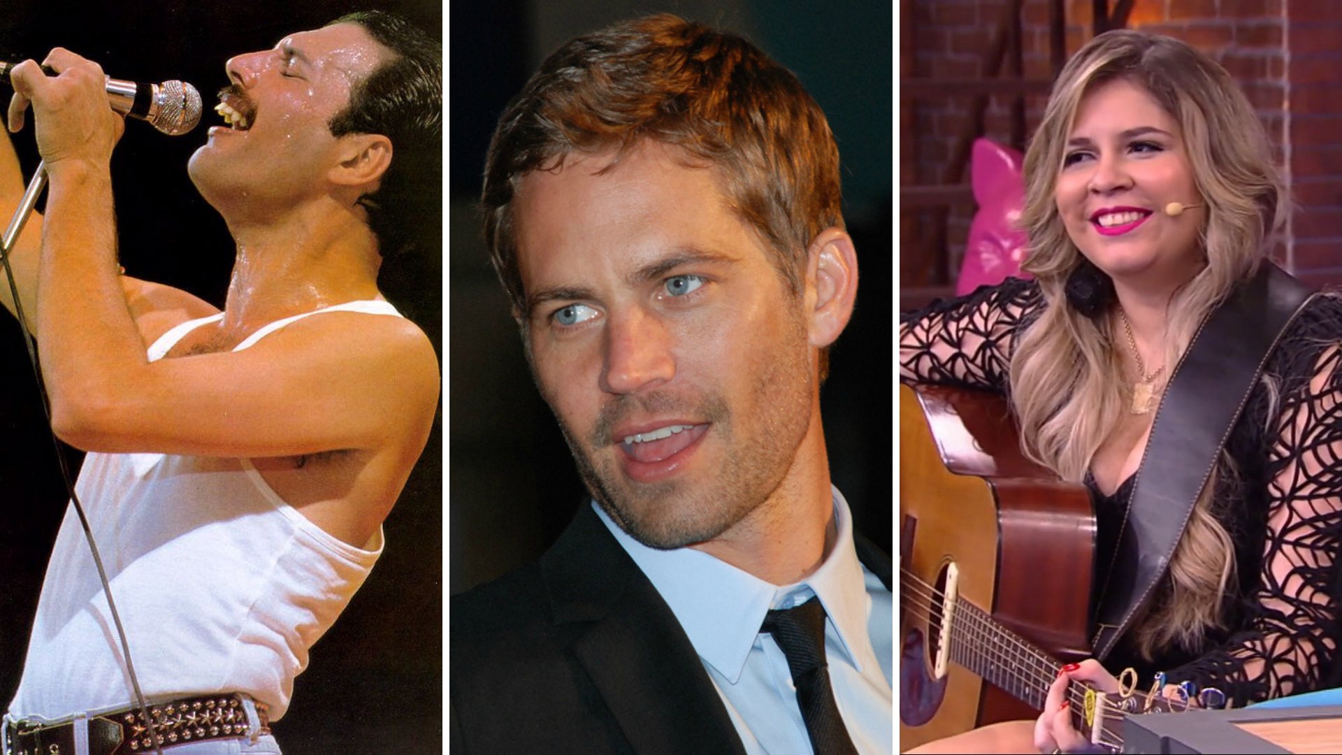 Imagem em grid do cantor Freddie Mercury, do ator Paul Walker e da cantora Marília Mendonça