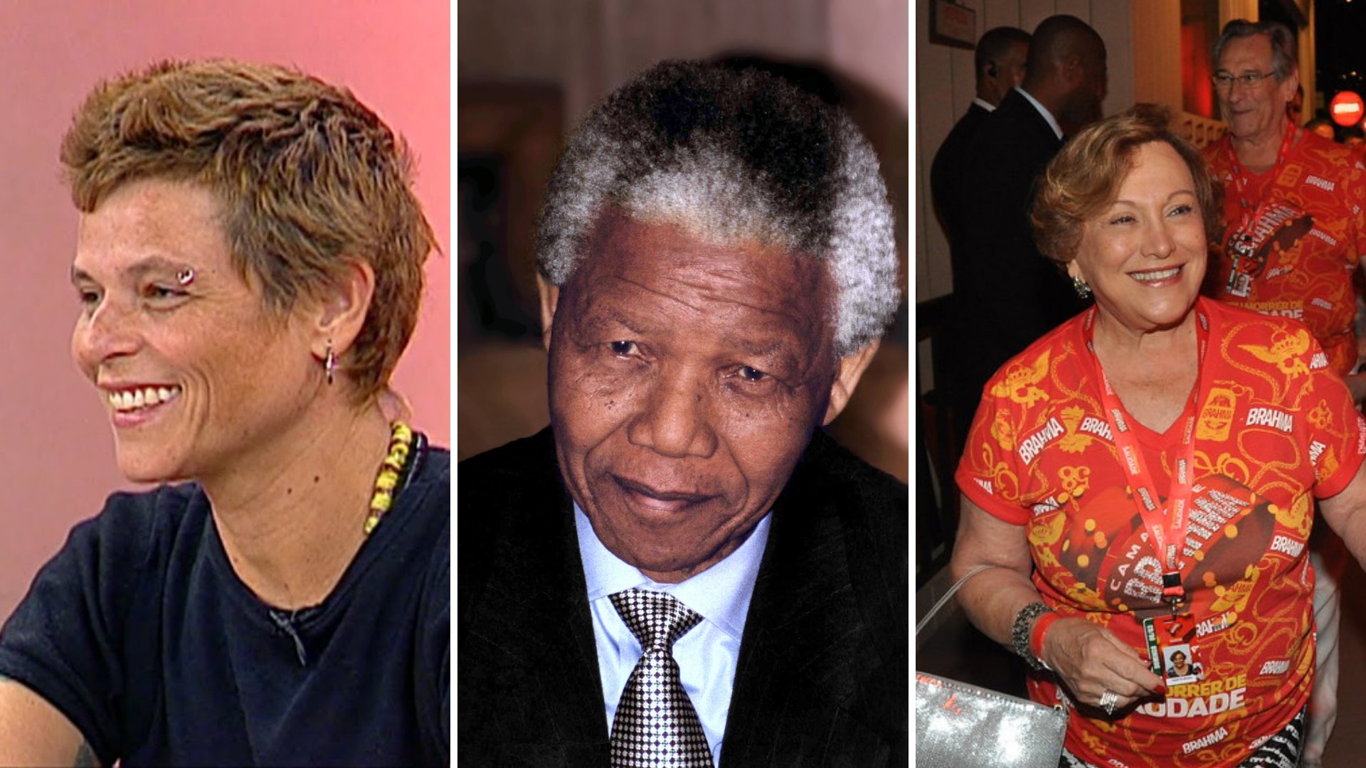Imagem em grid da cantora Cássia Eller, do político Nelson Mandela e da atriz Nicette Bruno