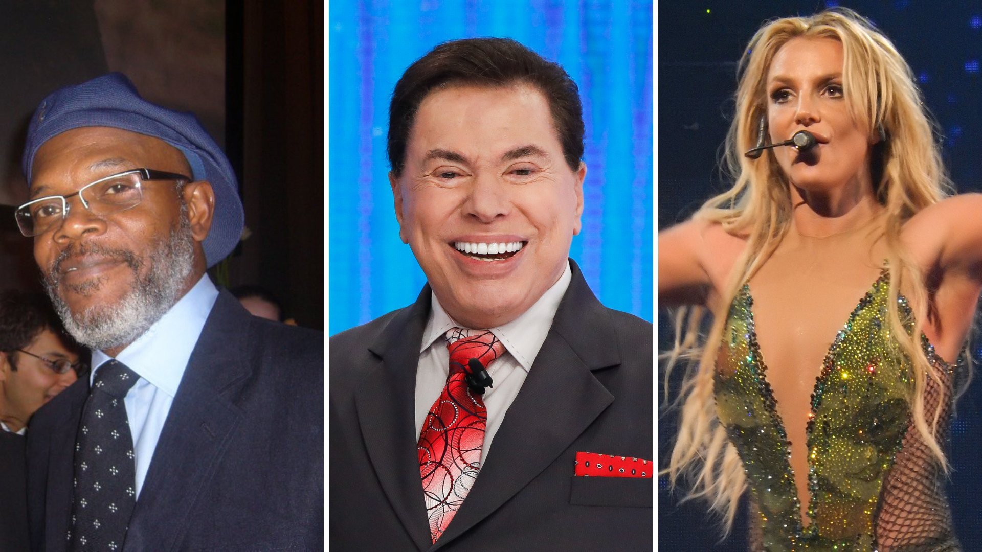 Imagem em grid do ator Samuel L. Jackson, do apresentador de tv Silvio Santos e da cantora Britney Spears