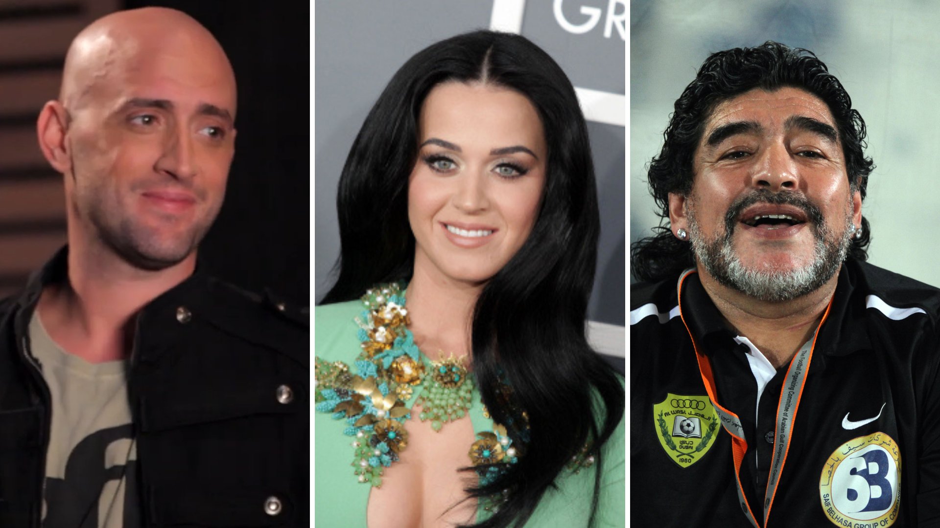 Imagem em gride do ator Paulo Gustavo, da cantora Katy Perry e do ex-jogador de futebol Diego Maradona