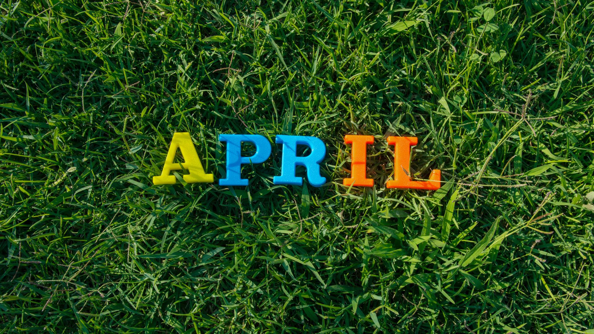 Palavra APRIL, que significa abril, posicionada em cima de um gramado verde