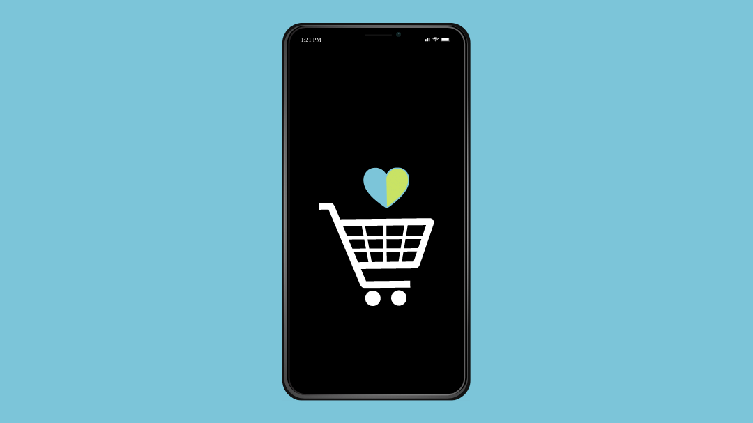 Celular em fundo azul claro com ícone de carrinho de compra e coração azul e verde visto de frente.