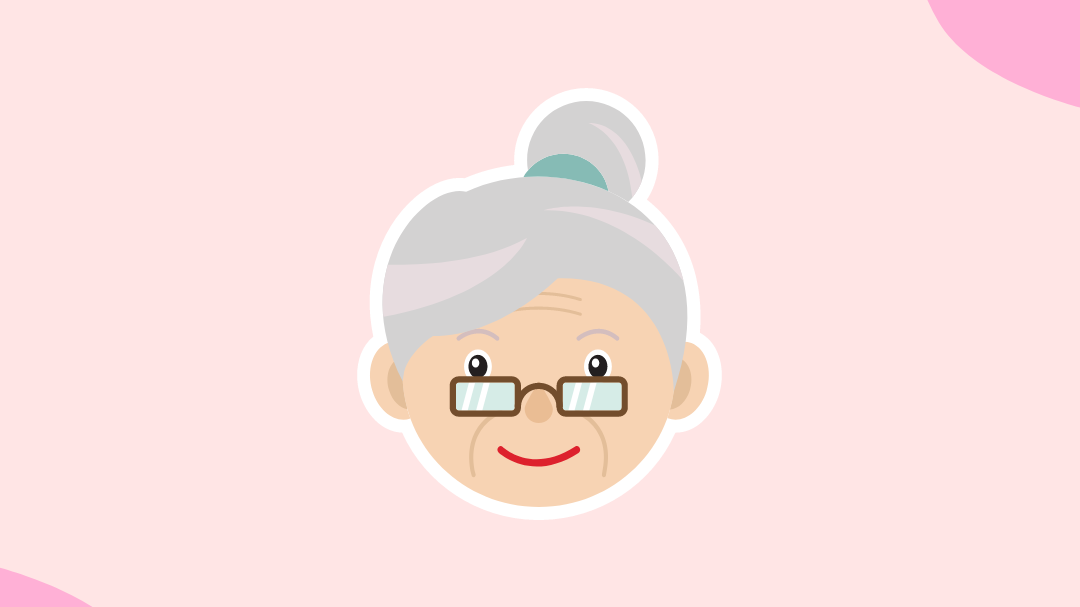 imagem com fundo rosa claro, com a ilustração de uma avó de cabelos grisalhos sorrindo, está de coque no cabelo e óculos.