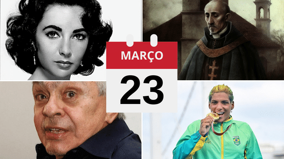 Colagem: Elizabeth Taylor, São Turíbio de Mongrovejo, Chico Anysio e  nadadora Ana Marcela Cunha