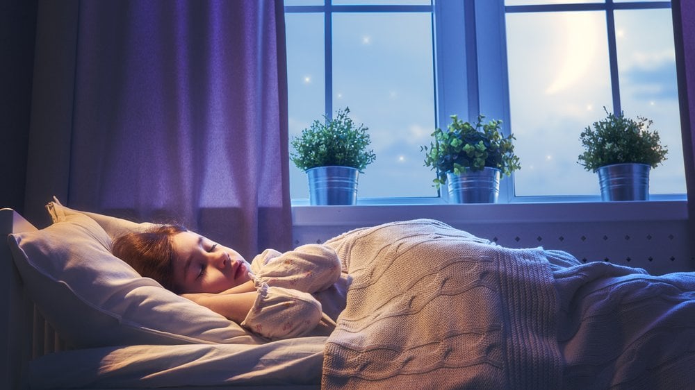 Menina dormindo tranquilamente em sua cama na frente de uma janela com plantas e estrelas