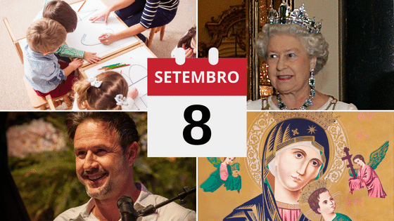 Montagem com imagens do Dia da Alfabetização, da Rainha Elizabeth II, do David Arquette e da Nossa Senhora da Natividade.