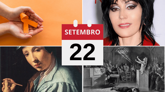 Montagem do Dia Mundial da Leucemia Mieloide Crônica, de Joan Jett, de Alessandro Allori e do Julgamento de Salém.