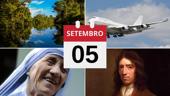 Montagem do Dia da Amazônia, do Voo Pan Am 73, da Santa Madre Teresa de Calcutá e de William Dampier.