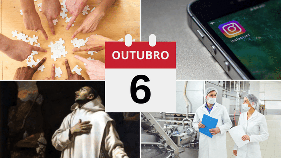 Mãos juntando peças, símbolo do Instagram, São Bruno e tecnólogos.