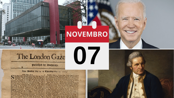 Montagem com fotos do MASP, Biden, The London Gazzete e James Cook.