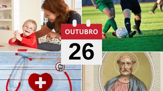 Criança com Síndrome de Down, homens jogando futebol, sinal da Cruz Vermelha e Santo Evaristo.