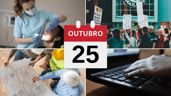 Dentista trabalhando, pessoas protestando exercendo a democracia, engenheiros cíveis trabalhando e mulher mexendo no computador.