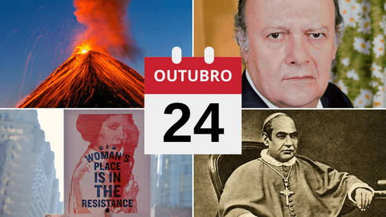 Montagem com fotos de vulcão em erupção, Tito, manifestação de mulheres e Antonio.