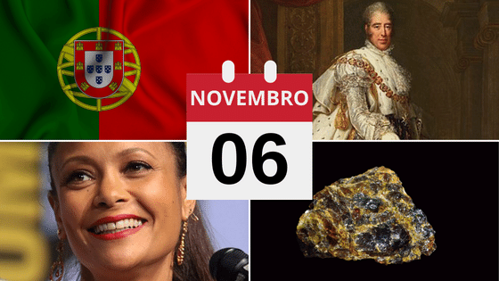 Montagem com fotos de bandeira de Portugal,  Carlos X da França, Thandiwe Newton e Plutônio.