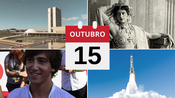 Montagem com fotos de Congresso Nacional, Mata Hari, Vincent Martell, e Shenzhou 5.