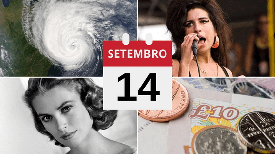 Montagem com fotos de Furacão Florence, Amy Winehouse, Grace Kelly e notas de dinheiro britânico.