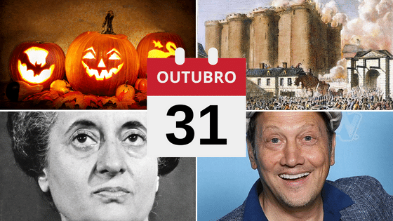 Montagem com fotos de Dia das Bruxas, Revolução Francesa, Indira Gandhi e Rob Schneider.