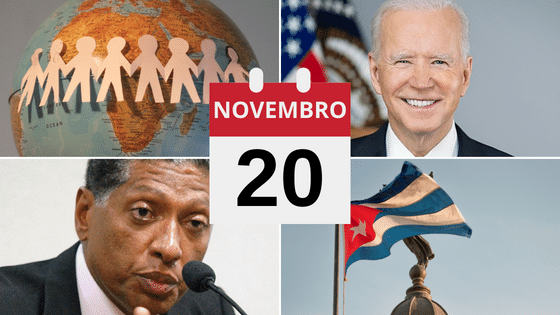Montagem com fotos de Declaração Universal dos Direitos da Criança, Joe Biden, Celso Roberto Pitta e Bandeira de Cuba.