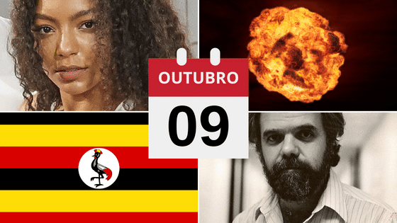 Montagem com fotos de Any Gabrielly, Teste Nuclear, Bandeira da Uganda e Newton Faller.