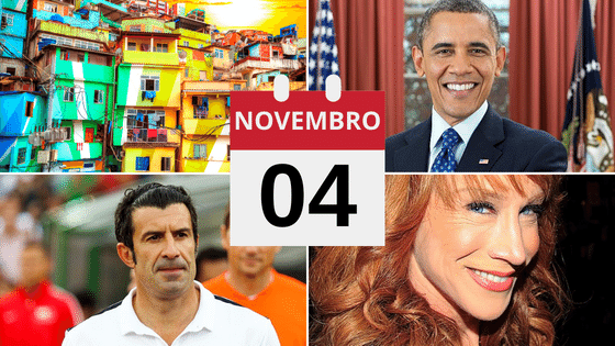 Montagem com fotos de favela, Barack Obama, Luís Figo e Kathy Griffin.