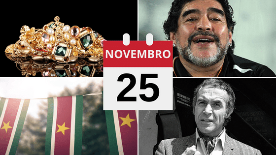 Montagem com fotos de jóias históricas, Diego Maradona, bandeira do Suriname e Ricardo Montalbán.