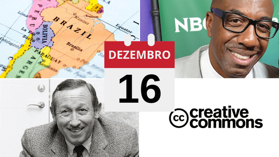 Montagem com fotos de Brasil no Mapa Mundi, Jerry Angelo Brooks, Roy Edward Disney e logo do Creative Commons.