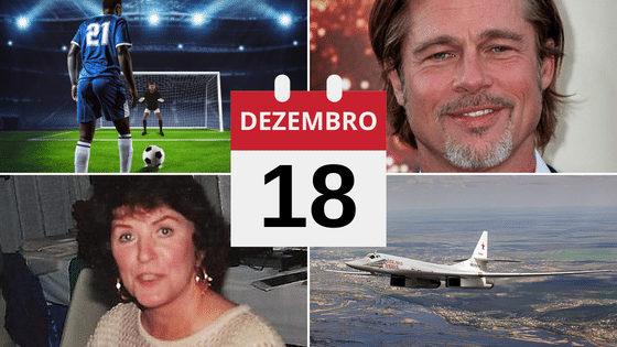 Montagem com fotos de Copa do Mundo, Brad Pitt, Majel Barrett e avião Tu-160.
