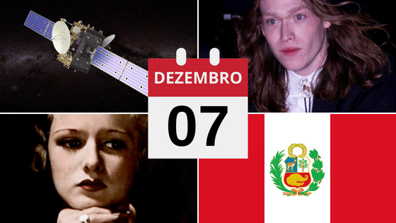 Montagem com fotos de sonda Akatsuki , Caleb Landry Jones, Joan Bennett e Bandeira do Peru.