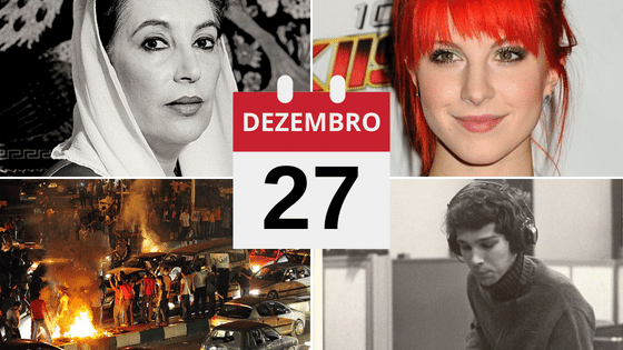 Montagem com fotos de Benazir Bhutto, Hayley Williams, protestos eleitorais no Irã e Chris Bell.