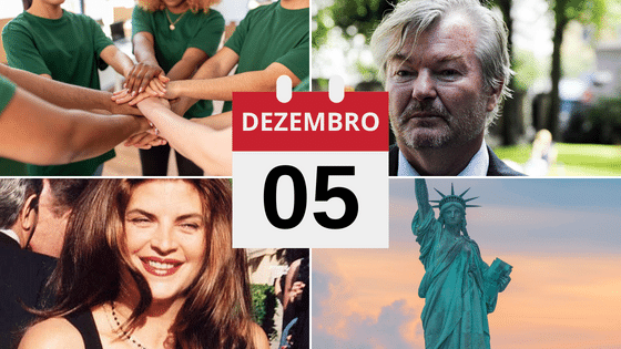 Montagem com fotos de trabalho voluntário, Peter Dalle, Kirstie Alley e Estátua da Liberdade.