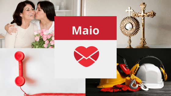 Calendário de Maio com Dia das mães, Corpus Christi, Dia da Comunicação e Dia Mundial do Trabalho.