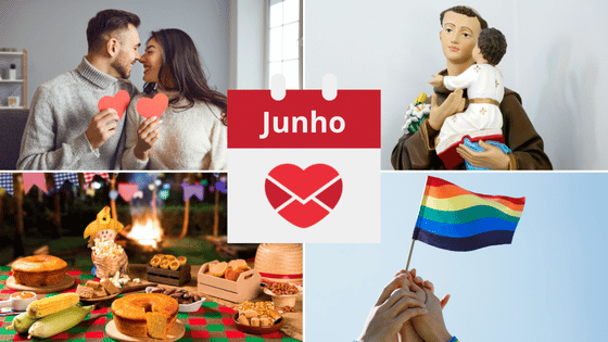 Há uma montagem com quatro imagens: (1) de um casal composto por um homem e uma mulher que estão se olhando e sorrindo; (2) da estátua de Santo Antônio segurando o bebê Jesus; (3) de comidas de festa junina em cima de uma mesa e (4) das mãos de algumas pessoas segurando a bandeira LGBTQIAPN+.