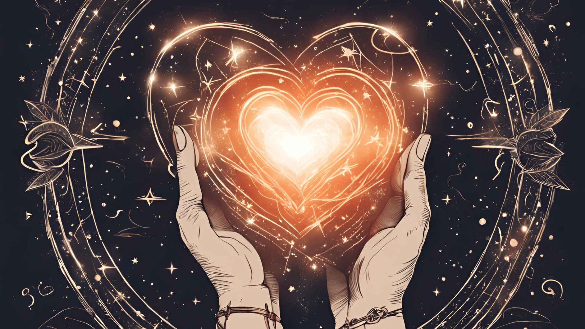 Uma mão segurando um coração brilhante cercado por elementos místicos
