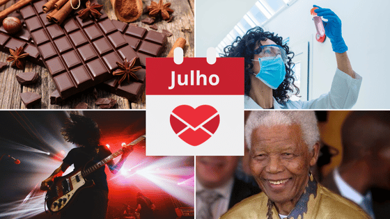 Há uma montagem com quatro imagens: (1) de duas barras de chocolate; (2) de uma mulher cientista levantando e analisando um frasco; (3) de um homem com cabelos esvoaçantes enquanto toca guitarra; (4) do ex-presidente Nelson Mandela sorrindo.