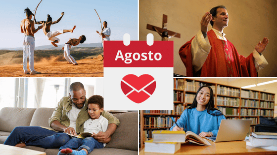 Há uma montagem com quatro imagens: (1) de quatros pessoas fazendo capoeira; (2) de um padre rezando uma missa; (3) de um pai lendo um livro com seu filho sentados no sofá; (4) de uma aluna estudando na biblioteca.