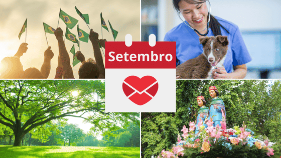 Há uma montagem com quatro imagens: (1) de um grupo de pessoas segurando bandeirinhas do Brasil no ar; (2) de uma veterinária cuidando de um cachorro; (3) de uma grande árvore em um parque; (4) das estátuas de São Cosme e Damião.