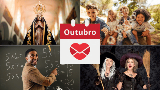 Há uma montagem com quatro imagens: (1) da estátua de Nossa Senhora Aparecida; (2) de quatro crianças brincando; (3) de um professor dando aula; (4) de duas mulheres vestidas de bruxas.