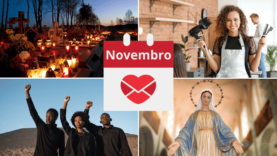 Há uma montagem com quatro imagens: (1) de velas e flores em cima de túmulos em um cemitério; (2) de uma cabeleireira segurando um secador; (3) de três pessoas negras com os punhos da mão direita levantados; (4) da estátua de Nossa Senhora das Graças.