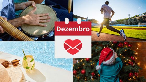 Há uma montagem com quatro imagens: (1) das mãos de um homem tocando um pandeiro; (2) de um atleta correndo; (3) de um drink, um óculos de sol e um chapéu ao lado de uma piscina; (4) de uma criança com touca de Papai Noel mexendo em uma árvore de Natal.